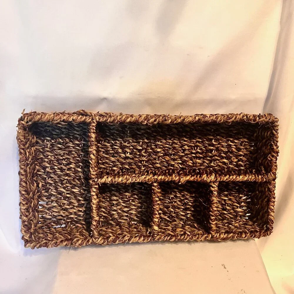 Vintage Seagrass Tray W/Compartments-Woven Basket-14